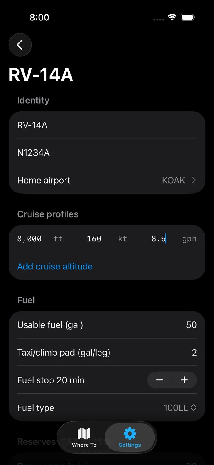 Aircraft profile editor with identity, cruise profiles by altitude, and fuel settings.