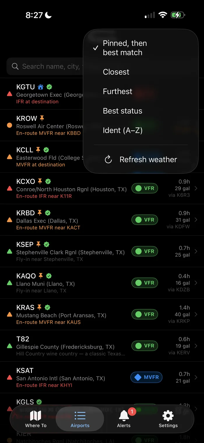 The Airports tab — a searchable, sortable list of every reachable field, with a sort menu open.