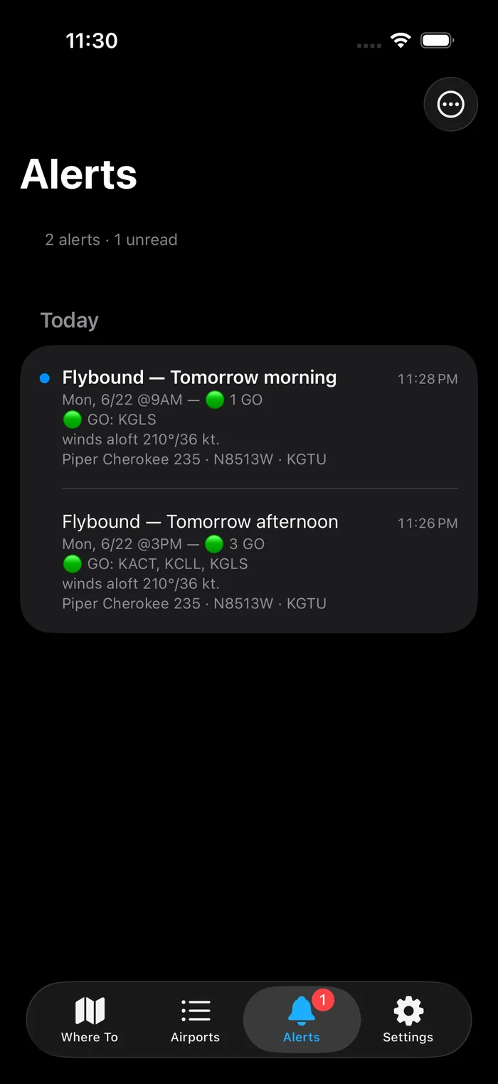 The Alerts inbox — a history of morning and afternoon scout alerts, read and unread.