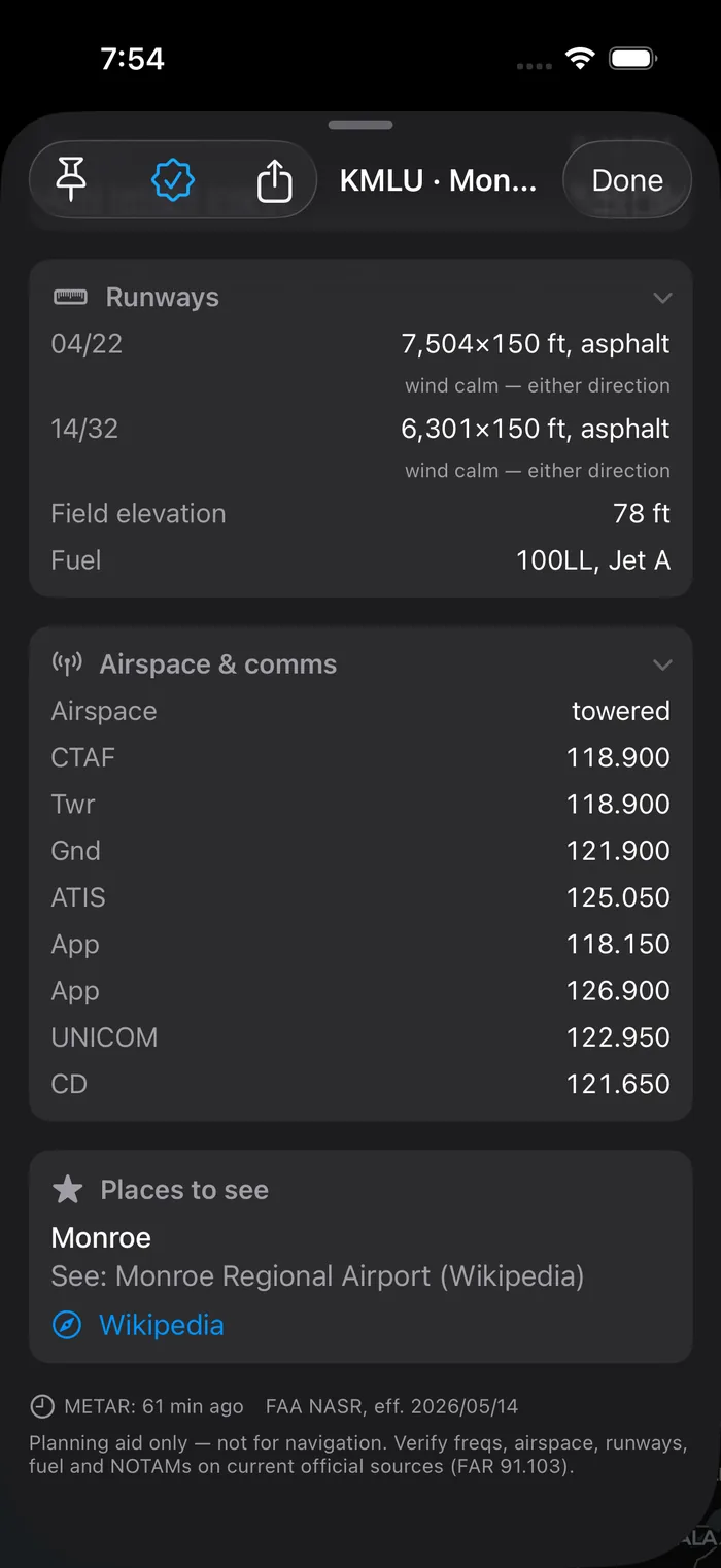 Runways, frequencies and field info.