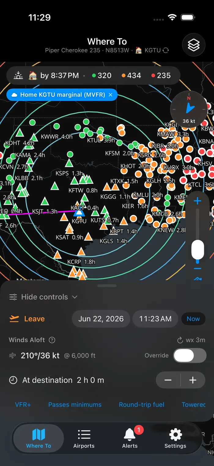 The Where To controls — leave time, winds aloft, time at destination and filters, with the map legend.
