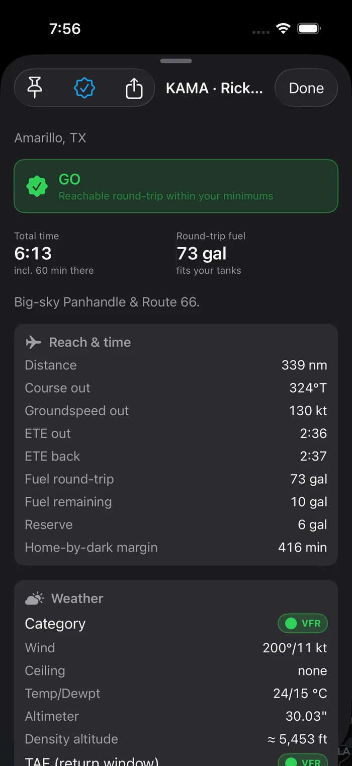 Destination detail sheet showing a GO decision with reach, time and VFR weather.