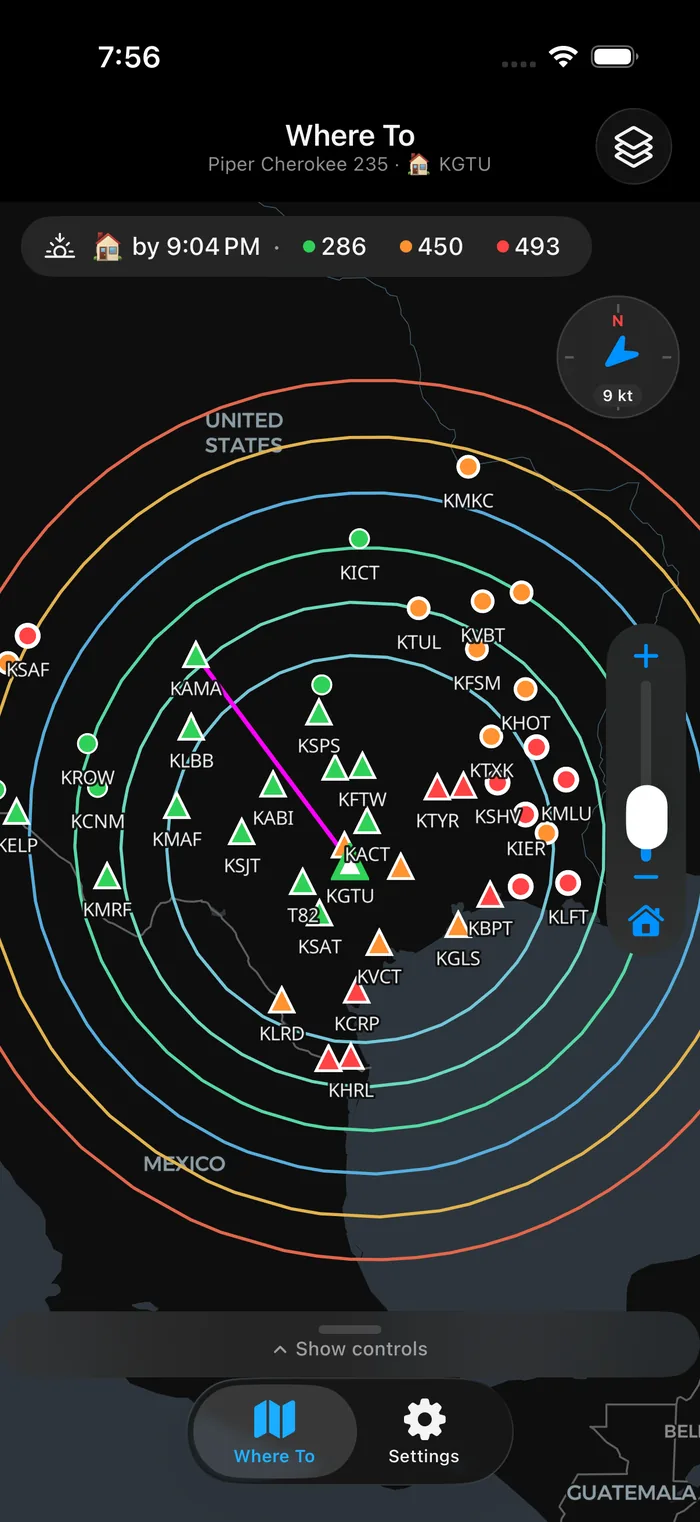 Map with range rings and the scored airport field.