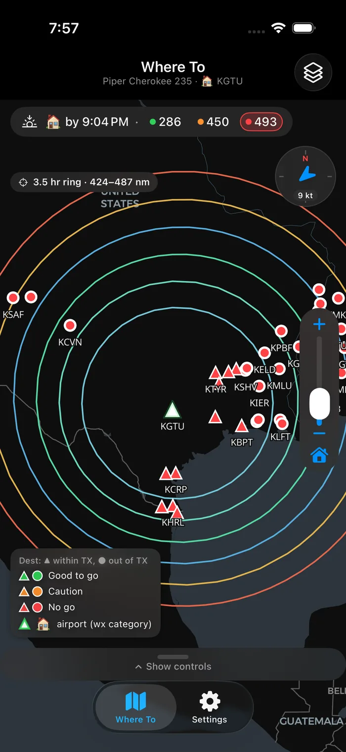 Map legend and a ring band tooltip showing time and distance.