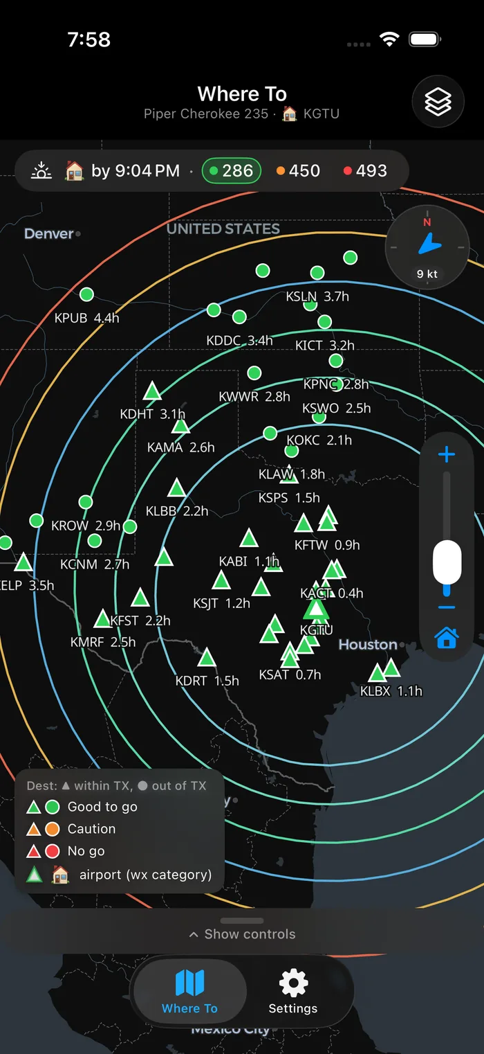 Map filtered to GO airports, each labeled with its flight time from the home field.