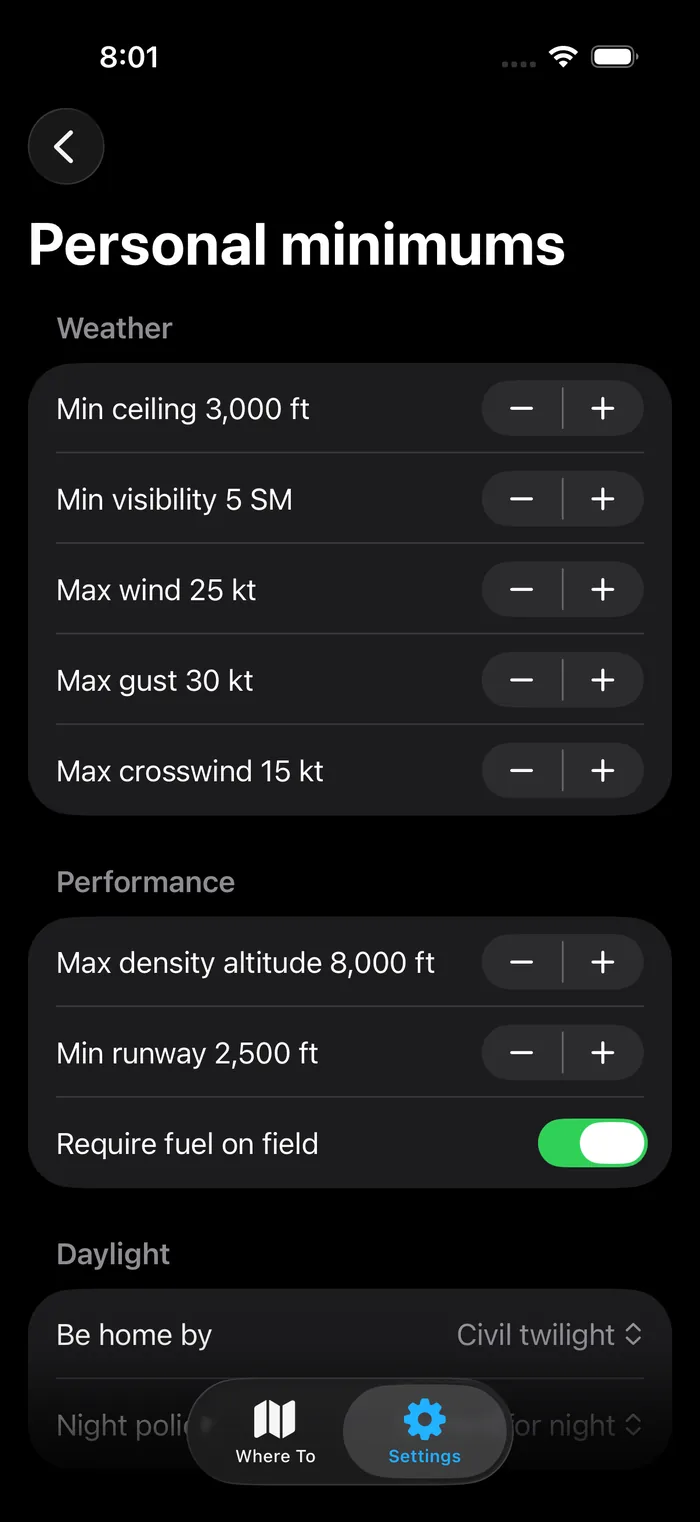 Personal minimums screen with ceiling, visibility, wind, gust and crosswind limits, plus density altitude, runway and daylight settings.