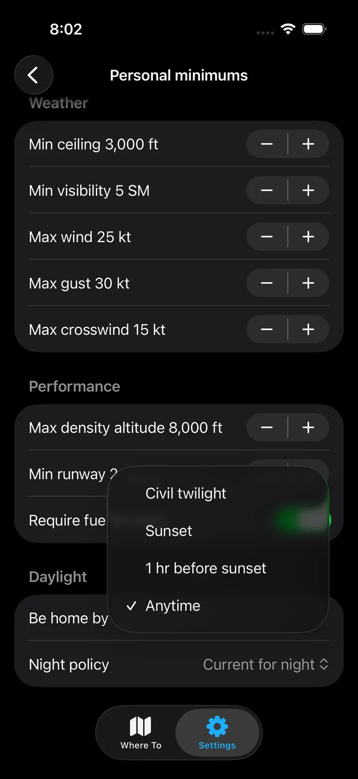 Daylight settings showing the Be-home-by options and the Night policy selector set to Current for night.