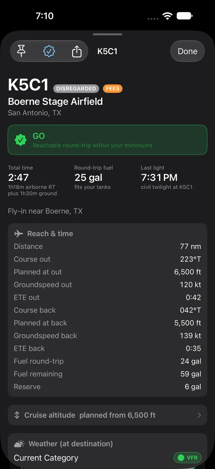 An airport brief marked DISREGARDED and FEES, still showing its full GO verdict, times, fuel and cruise altitudes.