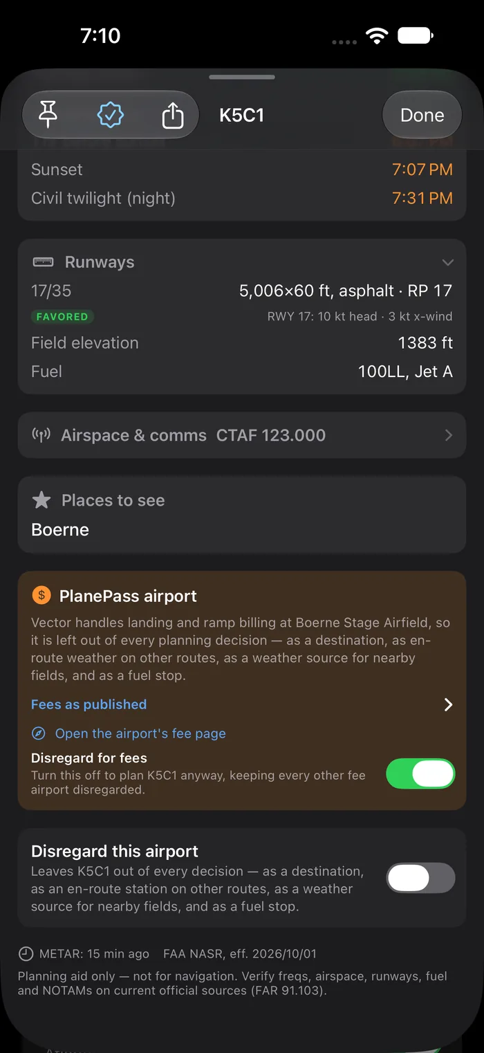 An airport brief for K5C1 Boerne Stage Airfield, marked DISREGARDED and FEES, with a PlanePass card explaining that Vector handles its billing, its published fees, a link to the airport's fee page, and a switch to plan it anyway.