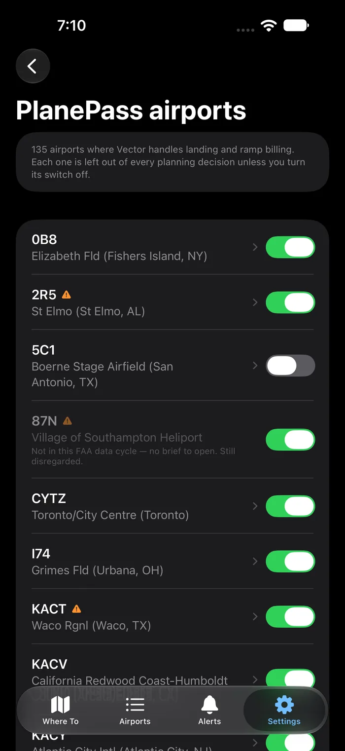 The PlanePass airport list — 135 fee airports with name and location, each with a switch to put it back into planning.