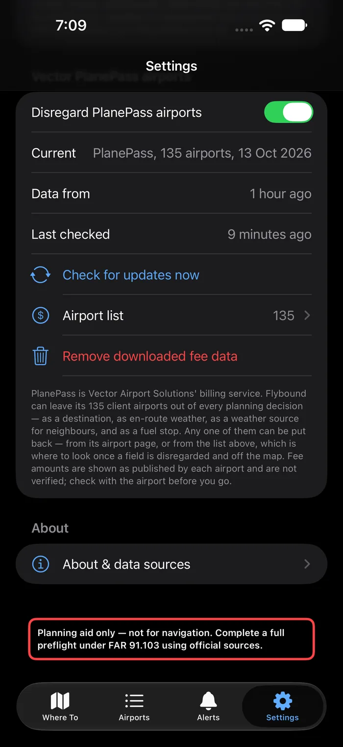 Vector PlanePass settings — the disregard switch, which data you have and how old it is, a check-for-updates button, and the airport list.