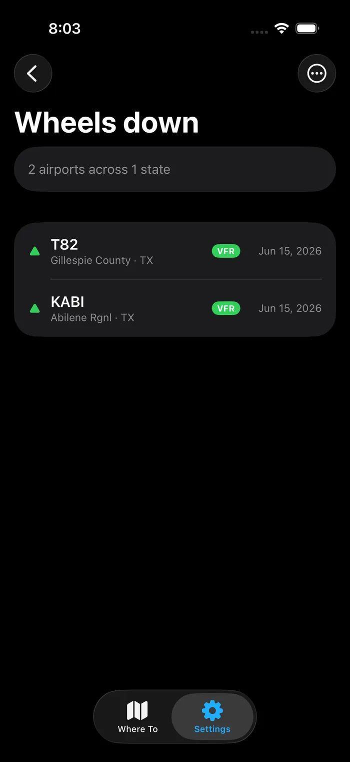 The wheels-down log of visited fields.